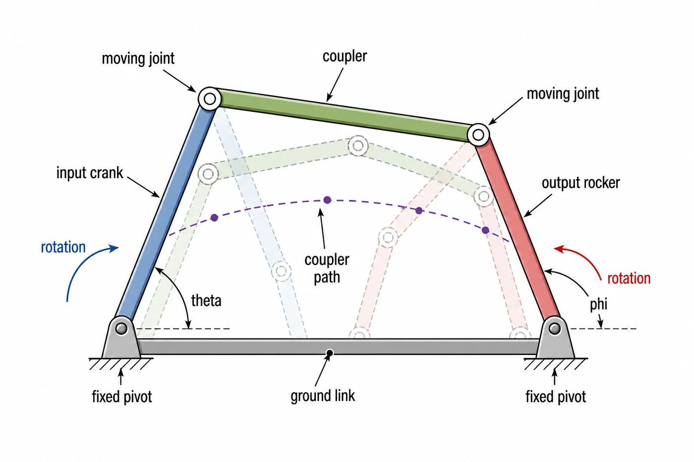 Four-bar linkage motion from input crank to output rocker