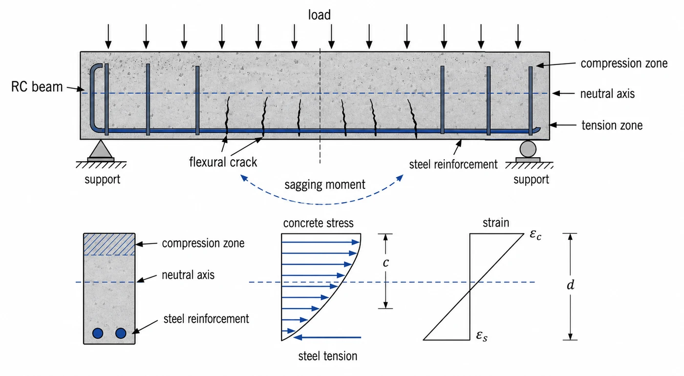Flexural cracking and compression zone development in a reinforced concrete beam