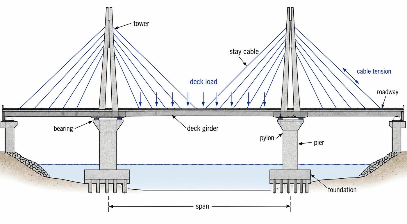 Cable-stayed bridge section showing tower, cables, and deck girder