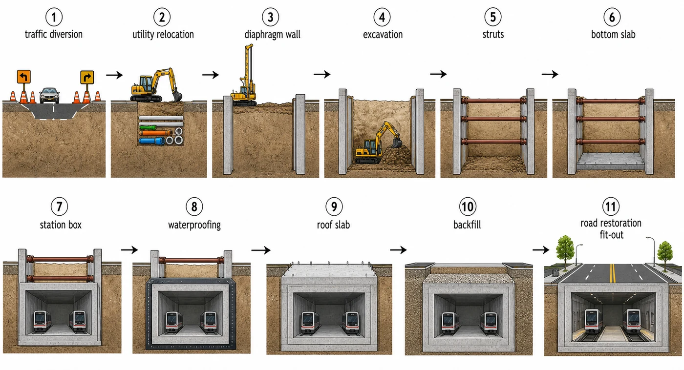 Cut-and-cover construction workflow for a metro station