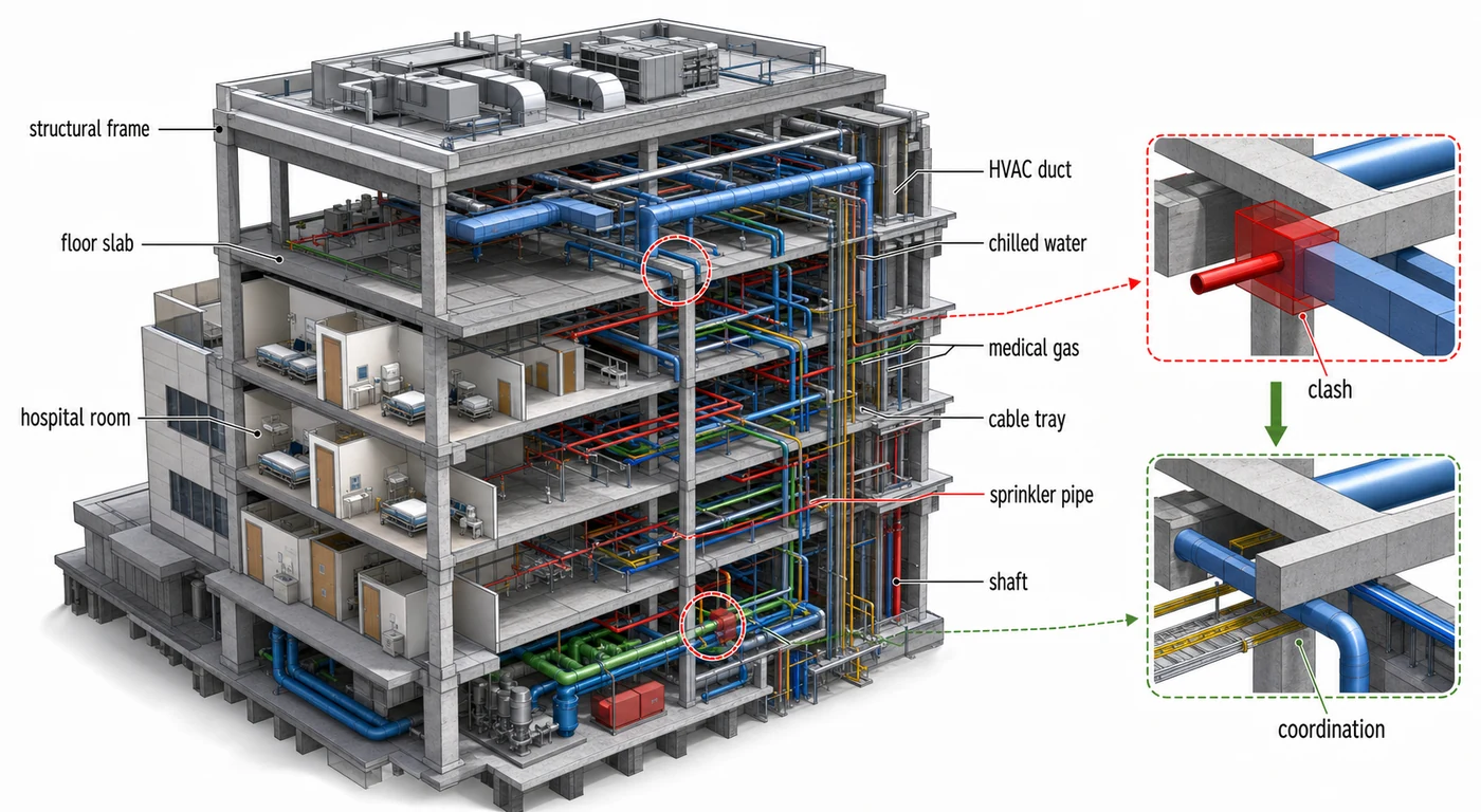Hospital BIM model coordinating structure, MEP systems, and pipelines