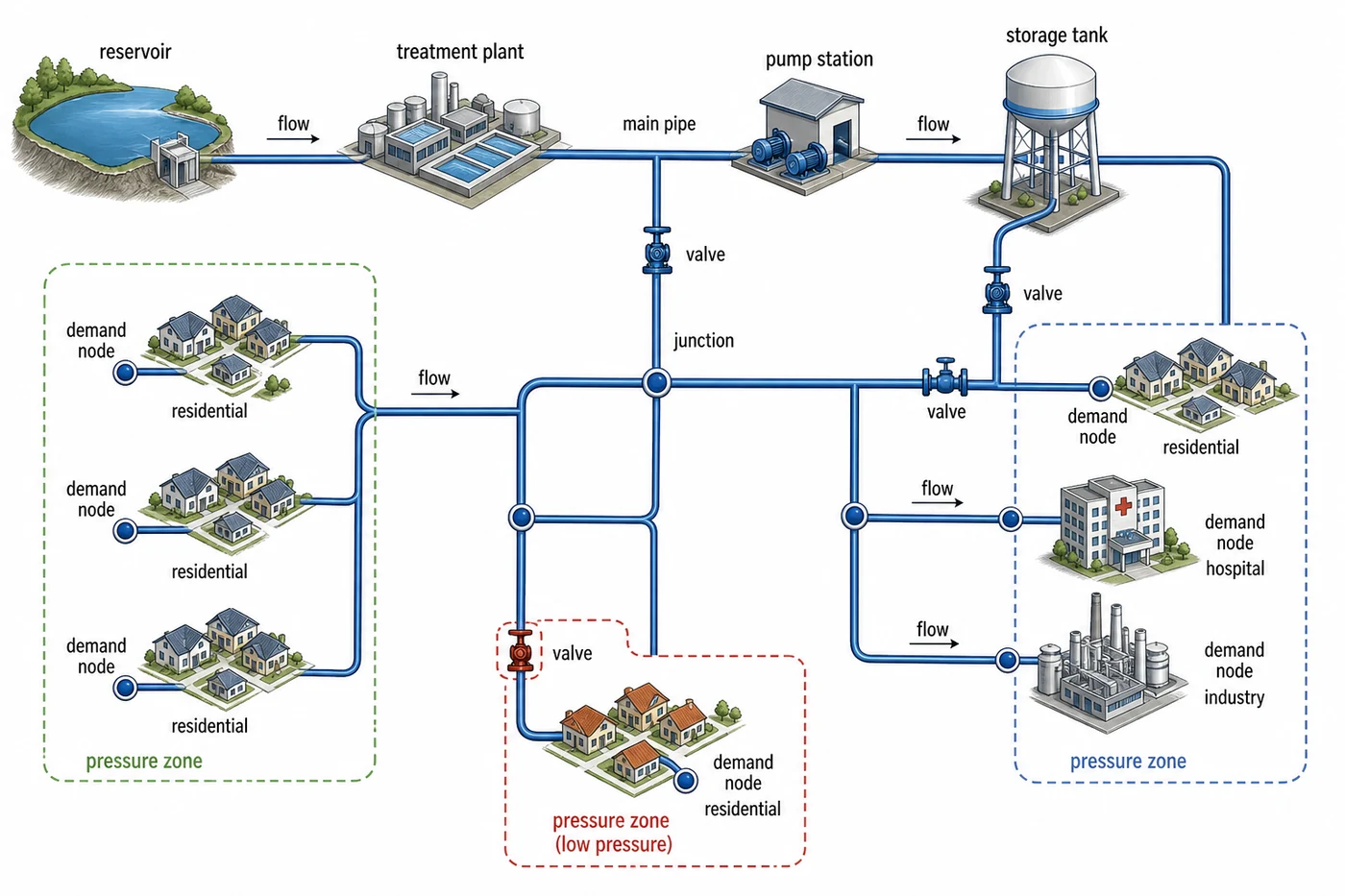 Urban water supply network with nodes, pumps, and pipelines