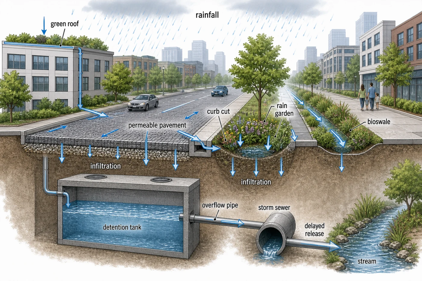 Sponge city system with rain gardens, permeable pavement, and detention tanks