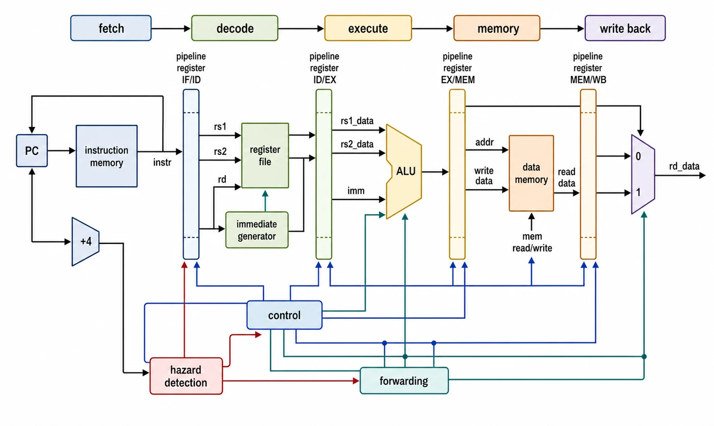 RISC-V processor pipeline with fetch, decode, and execute stages