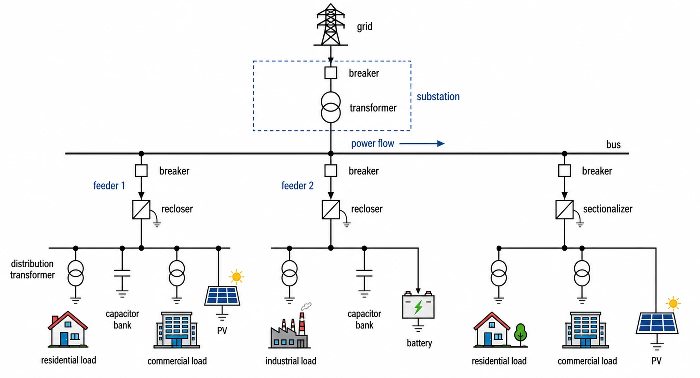 Distribution grid single-line diagram with substation, feeder, and loads