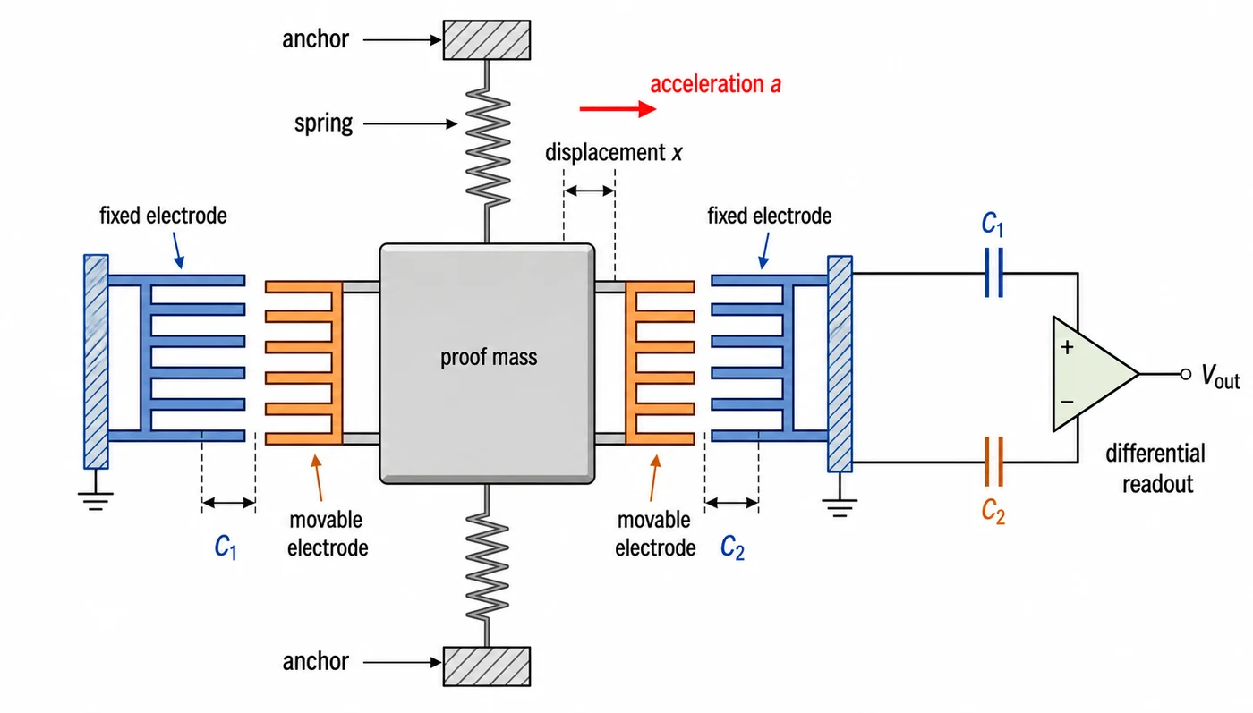 MEMS accelerometer detecting acceleration through capacitance change