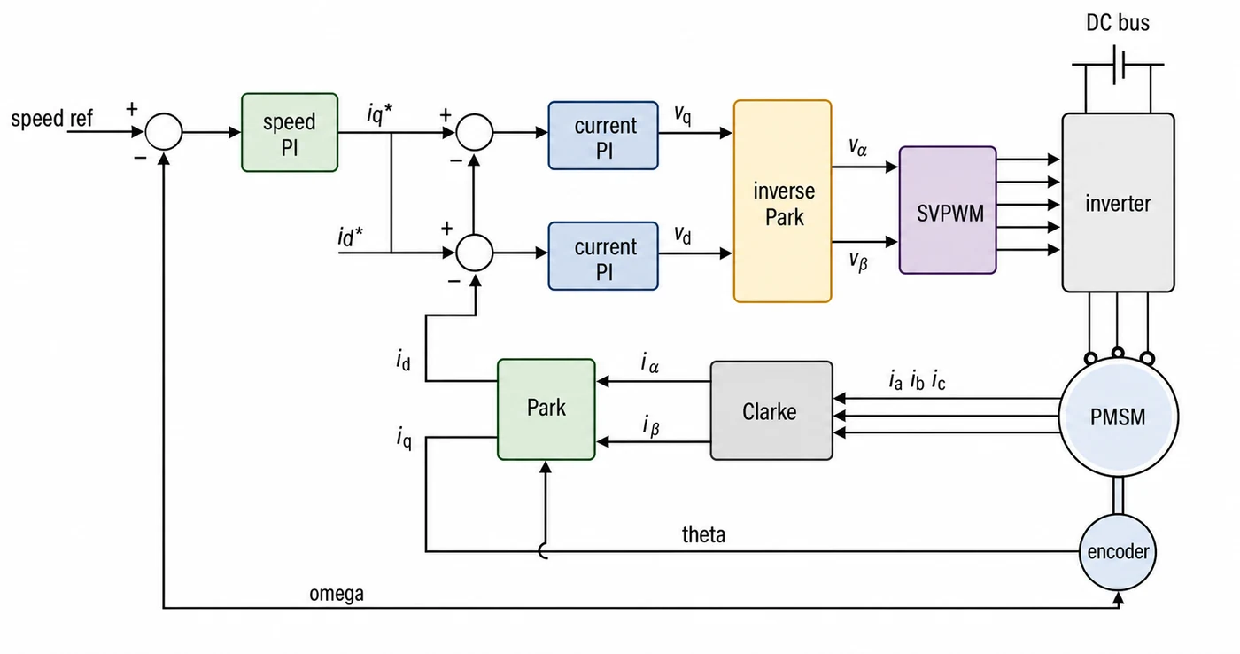 Vector control block diagram for a permanent magnet synchronous motor
