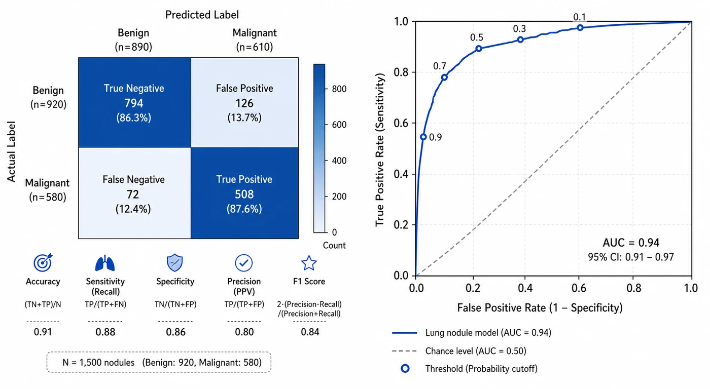 Confusion matrix and ROC curve for a lung nodule classification model