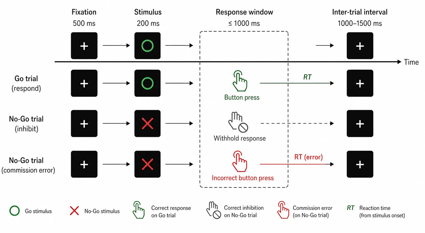 Go/No-Go task timeline showing response inhibition and commission errors
