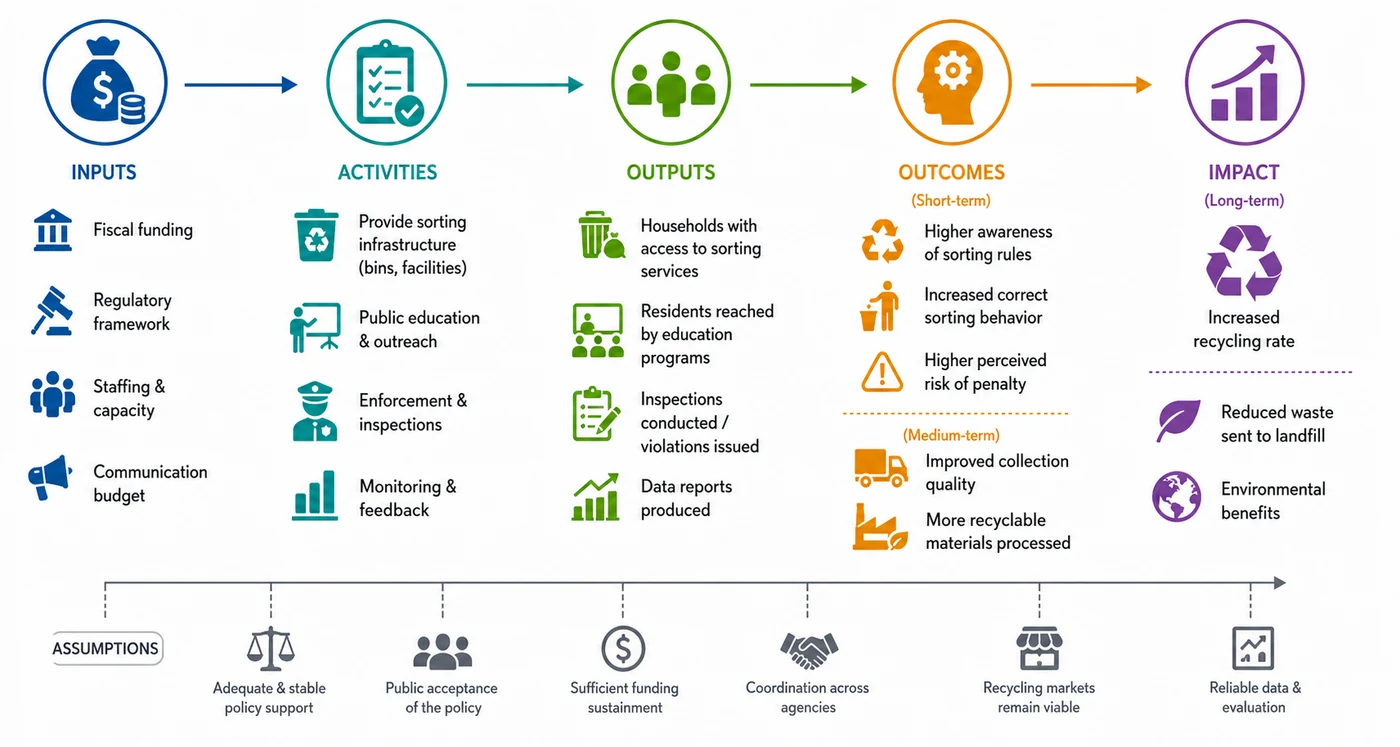 Waste sorting policy logic from fiscal input and enforcement to improved recycling rate