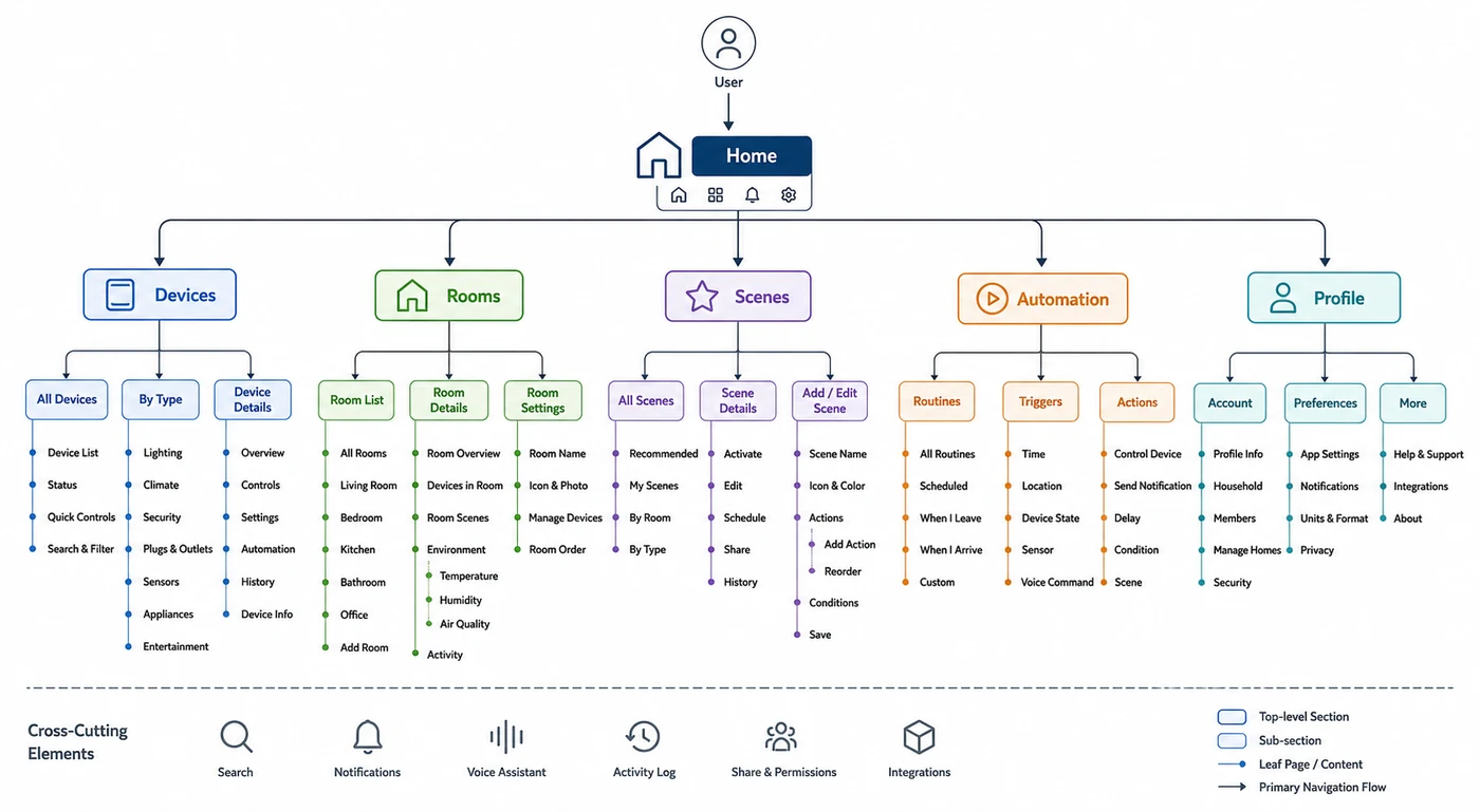 Smart home app information architecture for devices, rooms, and automation scenes