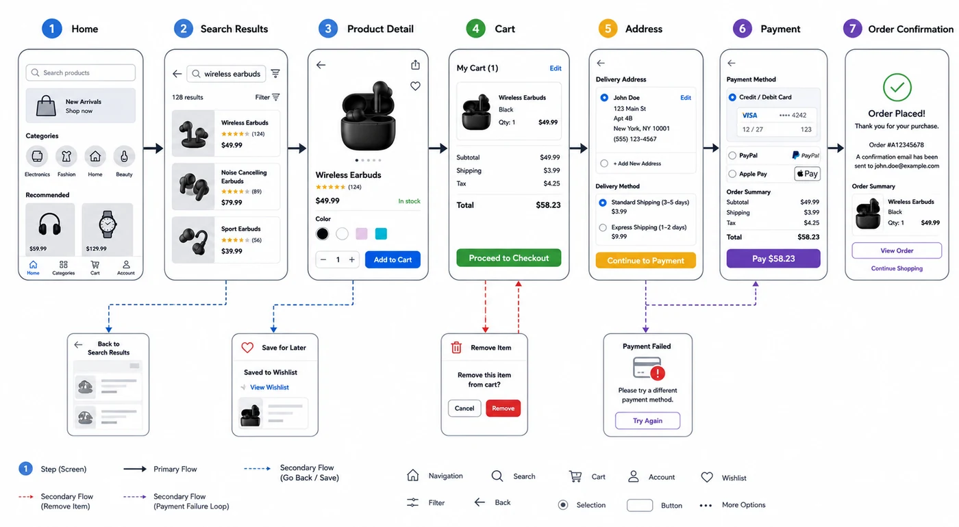 E-commerce app flow from product search to payment checkout