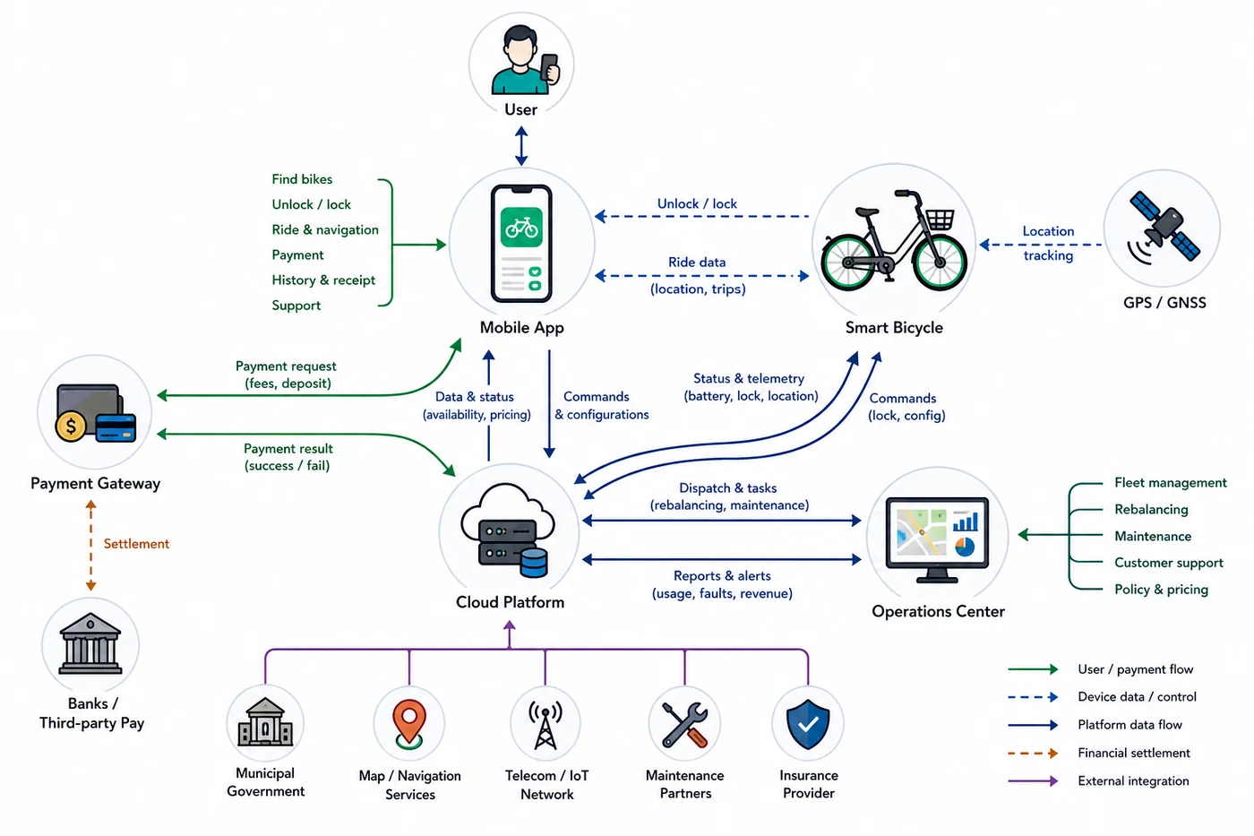 Shared bicycle product system linking app, bikes, GPS, payment, and operations