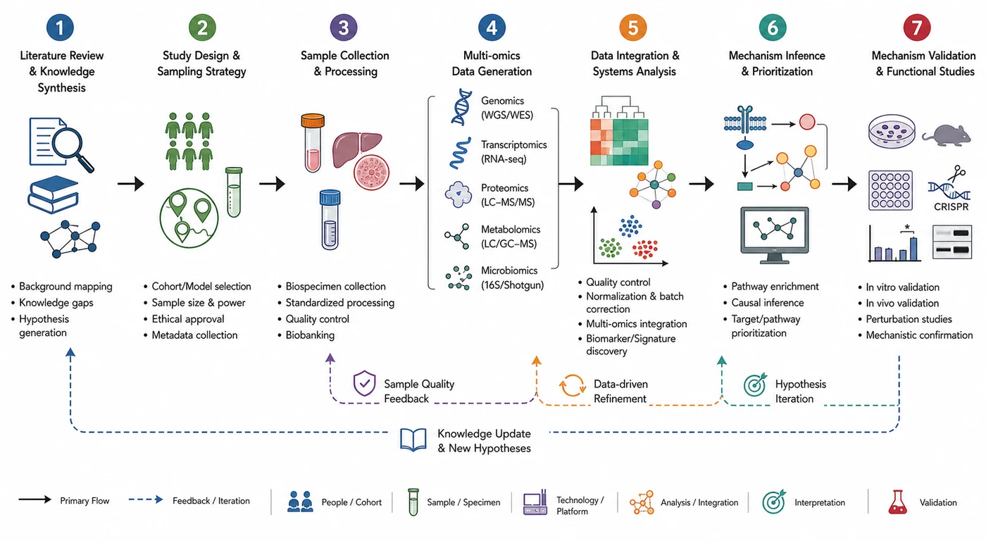 Research roadmap from literature review and sampling to multi-omics analysis and mechanism validation